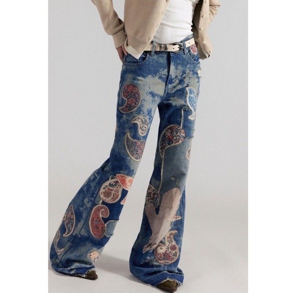 Free People Flying High Patched Jeans Patchwork Embroidered Free Birds 26 NWT